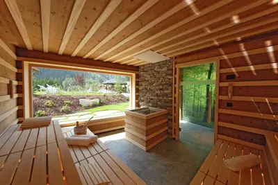 a sauna with a large window in a wooden cabin at Hotel Gran Paradis in Campitello di Fassa