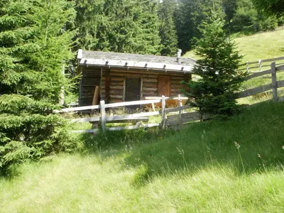 a log cabin in the middle of a field at Gasthaus Jaufenblick in San Martino