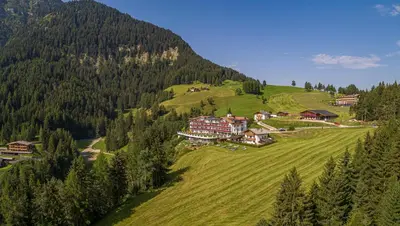 a village on a green hill with houses on it at Hotel Scherlin in Ortisei
