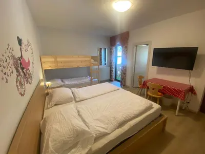 a bedroom with a bed and a desk and a television at Laimerhof in Rifiano