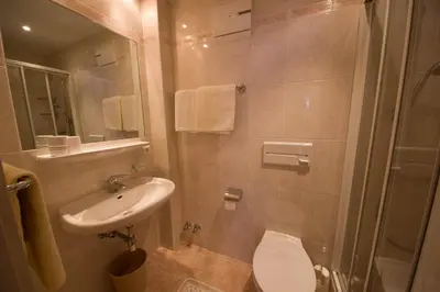 a bathroom with a sink and a toilet and a shower at Gasthof Löwen in Nova Levante