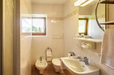 a white bathroom with a sink and a toilet at Villa Insam in Selva di Val Gardena
