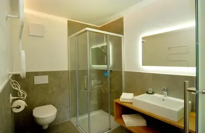 a bathroom with a shower and a sink and a toilet at Appartment Charly in Siusi