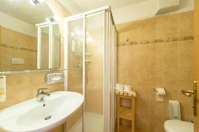 a bathroom with a sink and a shower at Alpstyle Hotel Albolina Wellness & Beauty in Canazei