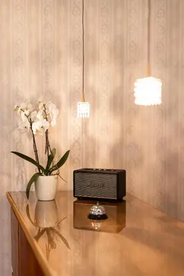 a table with a radio and a vase with flowers at Weingarten Terlan - Rooms & Breakfast in Terlano