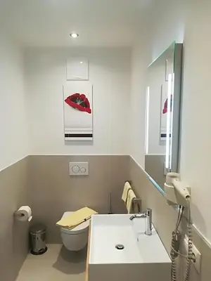 a bathroom with a white sink and a toilet at Garni Brunnenhof in Caldaro