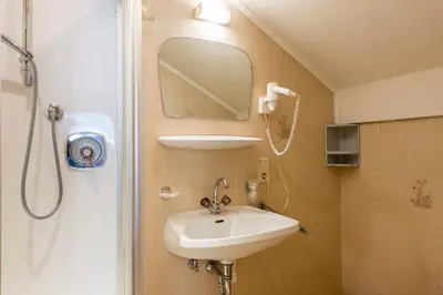 a bathroom with a sink and a mirror and a shower at Hotel Klammer in Vipiteno