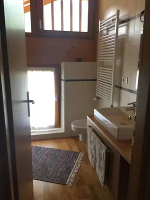a bathroom with a sink and a toilet and a window at Lausen Vil in Canale San Bovo