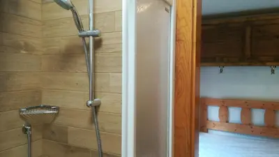 a shower in a bathroom with a wooden wall at CasaMau Studio in Campitello