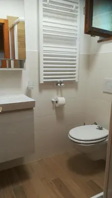 a white bathroom with a toilet and a sink at CasaMau Studio in Campitello