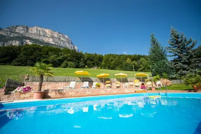 a swimming pool with a mountain in the background at Gasthof Wieser in Appiano sulla Strada del Vino