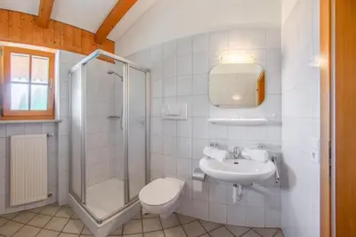 a bathroom with a toilet and a shower and a sink at Gasthof Falkenstein in Naturno