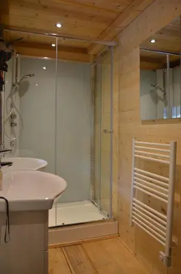 a bathroom with a shower and a white sink at Knottn Hüttl, St. Pankraz/Ulten, Nähe Meran in San Pancrazio dʼUltimo