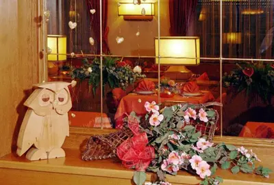 a room with a table with flowers and a mirror at Hotel Europa in Moena