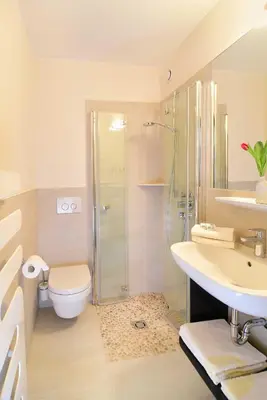 a bathroom with a shower and a toilet and a sink at Hotel Verena in Lana
