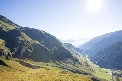 a view of a mountain valley with a river at Tirolerhof in San Leonardo in Passiria