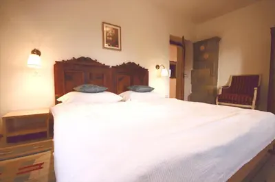 a bedroom with a large white bed with two pillows at Finhäusl in Aldino