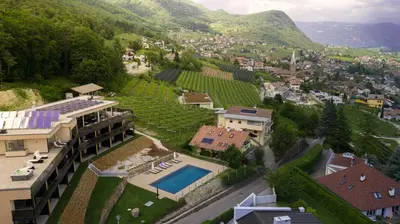 an aerial view of a house with a vineyard at Aparthotel Malga in Caldaro