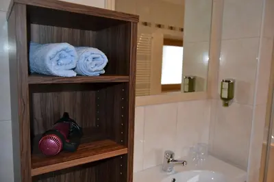 a bathroom with a sink and a shower with towels at Häuslerhof in Maranza