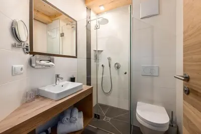 a bathroom with a shower and a sink and a toilet at Hotel Pfeiferhof in Maranza