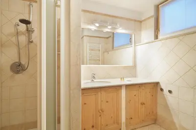 a bathroom with a sink and a mirror and a shower at Appartamento Boschetto Giulia in Carano