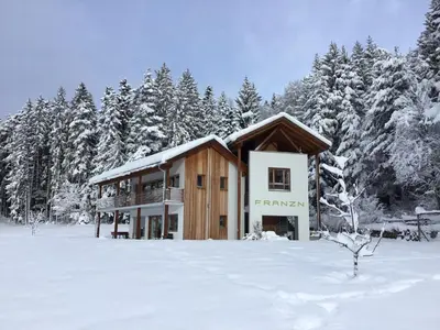 a cabin in the snow with snow covered trees at Franzn Apartments in Petersberg