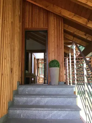 a plant in a pot sitting on the stairs of a building at Franzn Apartments in Petersberg