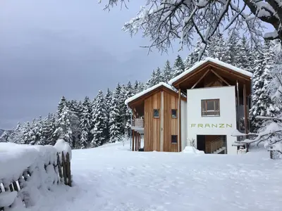 a cabin in the snow with snow covered trees at Franzn Apartments in Petersberg