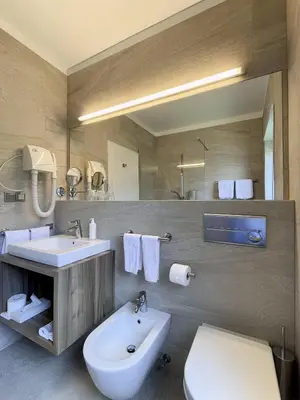 a bathroom with a sink and a toilet and a mirror at Hotel Am Wolfgrubenersee in Soprabolzano