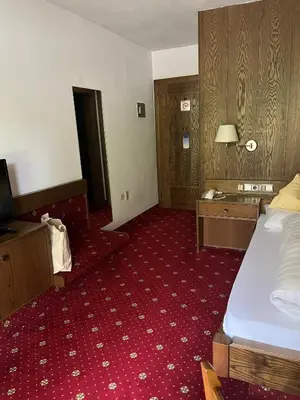 a hotel room with a bed and a television at Hotel Am Wolfgrubenersee in Soprabolzano