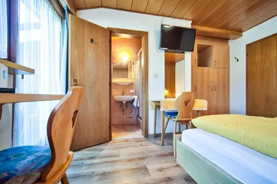 a hotel room with a bed and a desk and a sink at Gasthof Anny in Marlengo