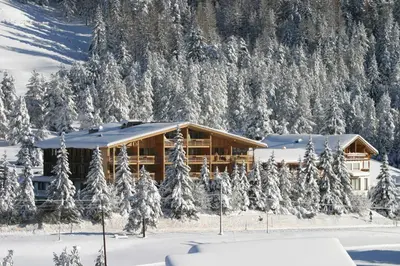 a log cabin in the snow with snow covered trees at Hotel Gran Paradiso in San Cassiano