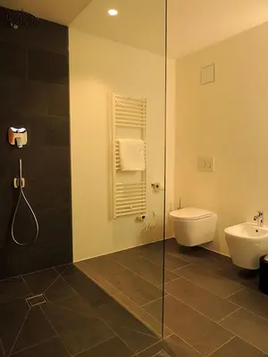 a bathroom with a shower and a toilet and a sink at Residence Moritz in Avelengo