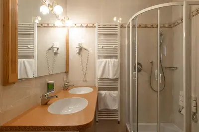 a bathroom with two sinks and a shower at Steinegger Eppan in Appiano sulla Strada del Vino