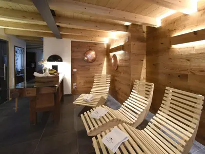 a room with chairs and a desk and a wooden wall at Europa Mountain Apartments in Alleghe