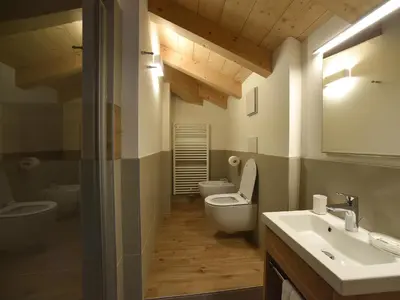 a bathroom with two toilets and a sink at Europa Mountain Apartments in Alleghe