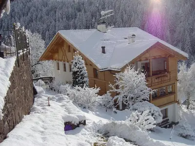 two beds in a room with blue curtains at Penthouse-Apartment Limbela in Ortisei