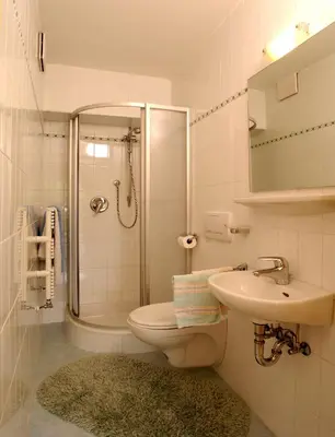 a bathroom with a toilet and a sink and a shower at Villa Insam Apartment in Selva di Val Gardena