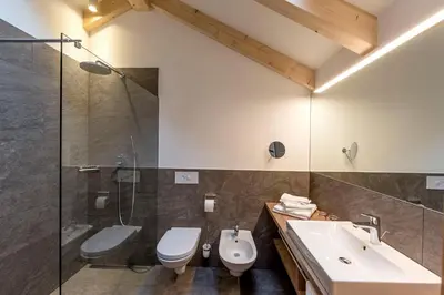 a bathroom with a toilet and a sink and a shower at Hotel Foestlerhof in Villa Ottone