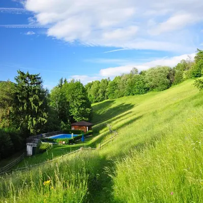 a green hill with a house and a swimming pool at Bad St Isidor in Bolzano