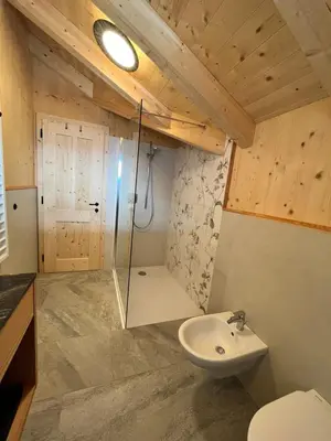 a bathroom with a shower and a sink at Bio Felderhof in Villa Ottone