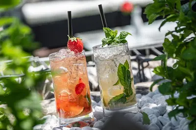 two cocktails on a table with strawberries and mint at Hotel Wiedenhofer in Terento