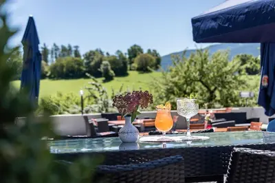 a table with two glasses and a vase with flowers at Hotel Wiedenhofer in Terento