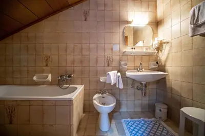 a bathroom with a tub and a toilet and a sink at Apartments Zilli in Laion