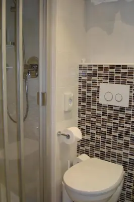 a bathroom with a toilet and a glass shower at Hotel Latemar in Soprabolzano