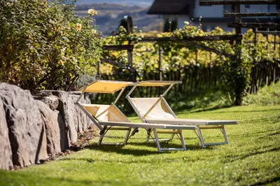 two chairs sitting in the grass next to a wall at Weingut Donà in Appiano sulla Strada del Vino