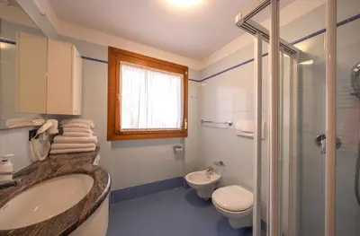 a bathroom with a sink and a toilet and a shower at Residence Lagorai - Fiemme Holidays in Predazzo