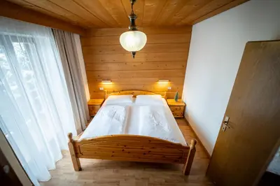a bedroom with a bed in a wooden room at Ciasa Cianins in San Vigilio Di Marebbe
