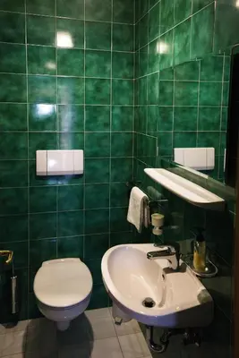 a green tiled bathroom with a toilet and a sink at Villa Ula Verda- Apartments Marianna in Santa Cristina in Val Gardena