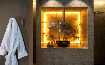 a bathroom with a fireplace with a bowl in it at Waldrast - Forestside Living in Siusi